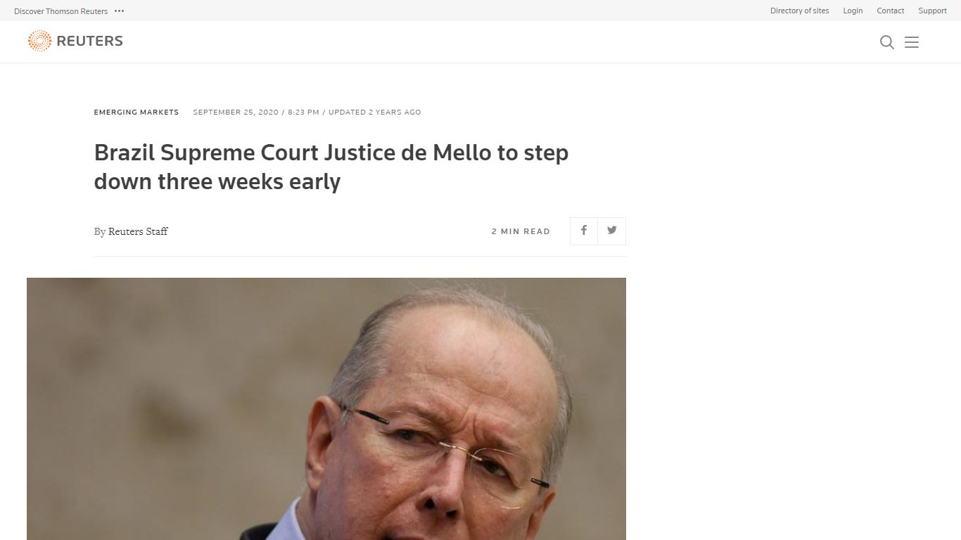 Brazil Supreme Court Justice de Mello to step down three weeks early